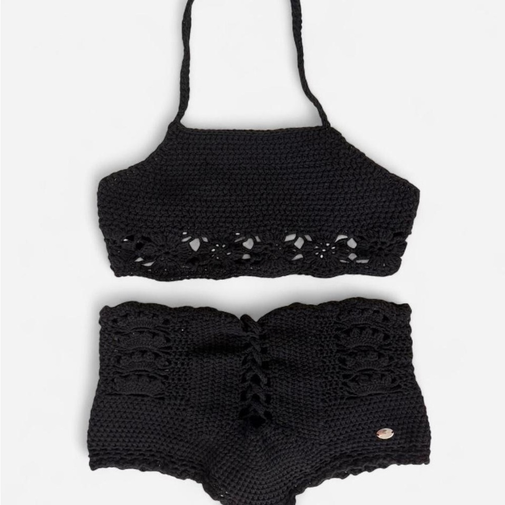 Crochet Black Two-Piece Halter Top & High-Waist Shorts
